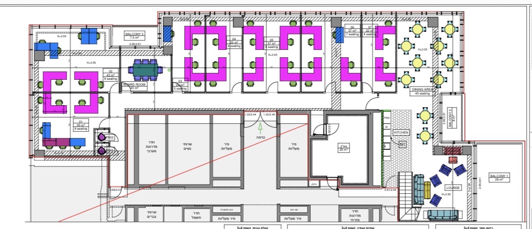 תוכנית קומה 1 - משרדי הייטק מרוהטים להשכרה בסקיי טאוור, 874 מ״ר בשתי קומות מחוברות