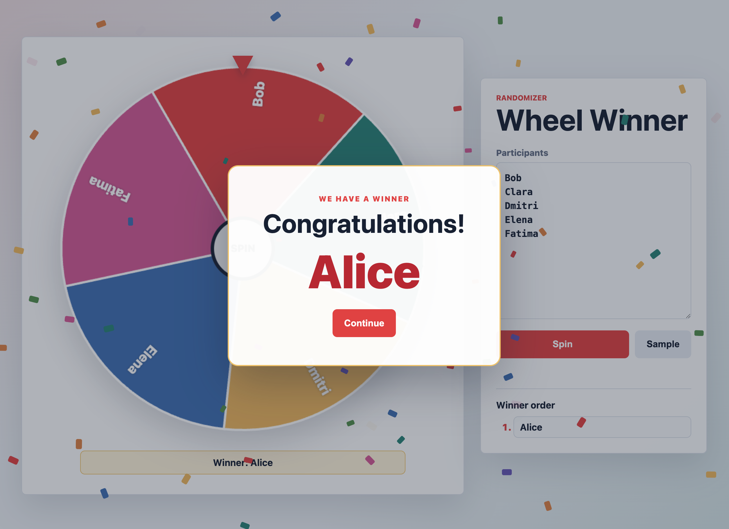 Wheel Winner browser application with a six-participant wheel and participant controls.