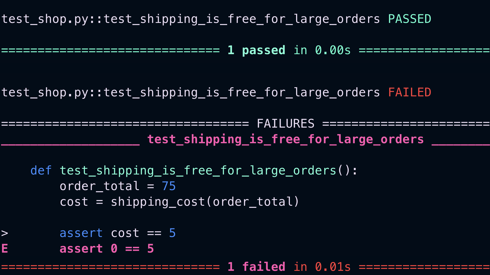 Pytest output showing the same shipping test passing and then failing because the function returned 0 while the test expected 5
