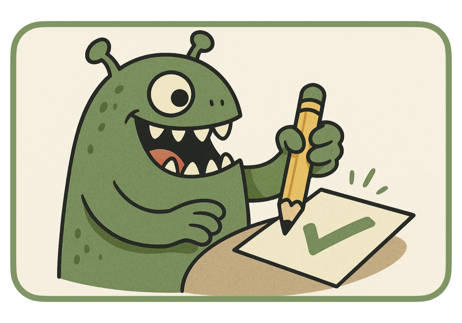 Cartoon TDD green stage with a character writing a passing test marked by a green check