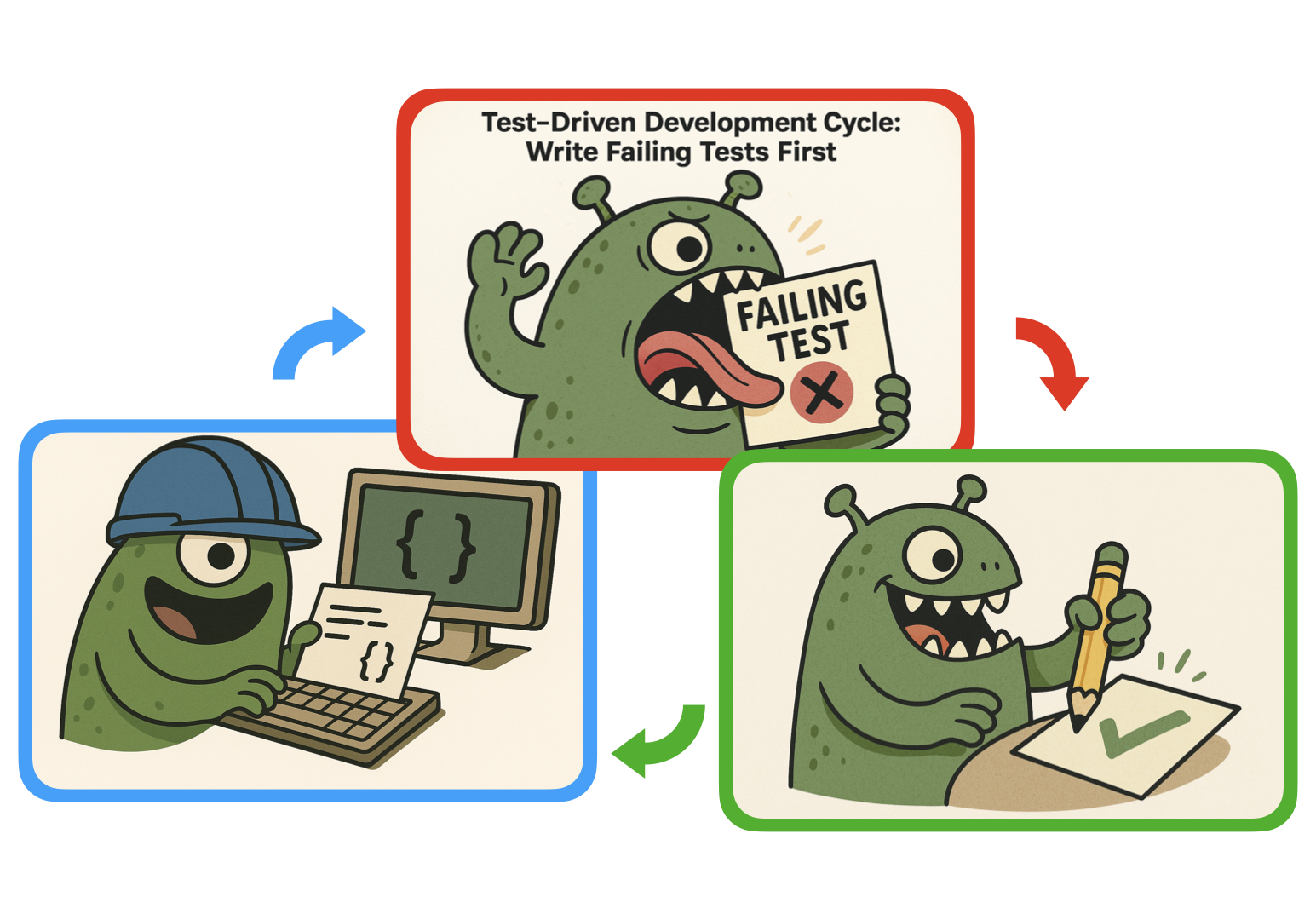TDD cycle: a failing test leads to passing behavior, then refactoring, with arrows returning to the next failing test.