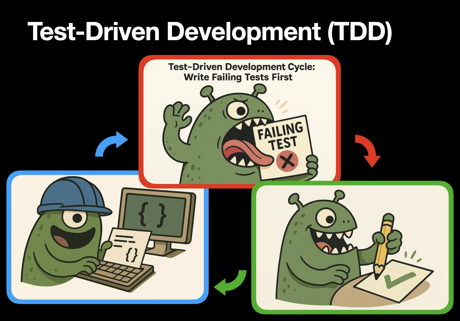Test-Driven Development cycle with red failing test, green passing test, and blue refactoring stages connected by arrows