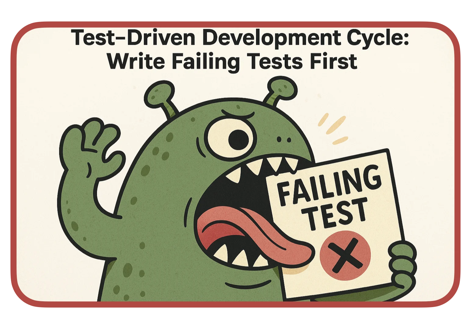 Cartoon TDD red stage with a character holding a failing test marked by a red X