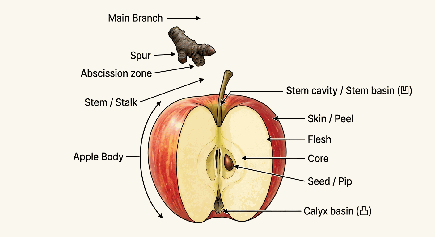Apple anatomy diagram showing spur, abscission zone, stem, calyx and the four failure points