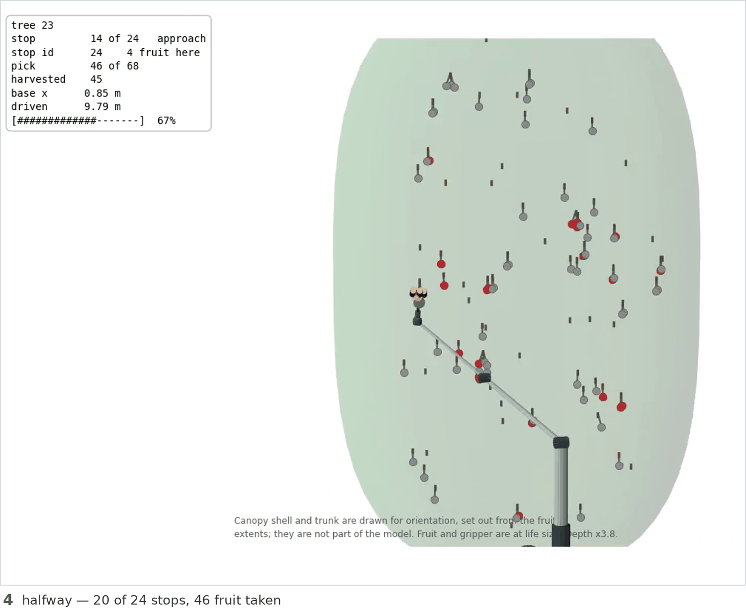 Plan playback screen: the canopy rendered with the base at the fourteenth of twenty-four stops, 46 of 68 fruit harvested