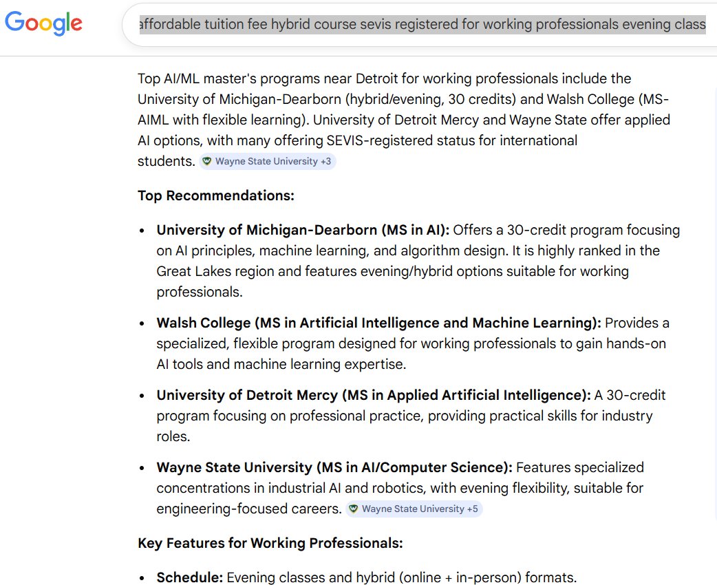 Walsh College AI/ML 석사 구글 검색 결과