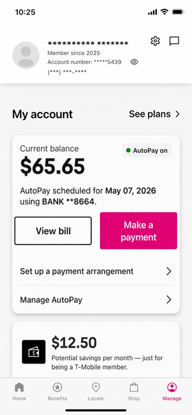 T-Mobile My Account 화면. Current balance $65.65, AutoPay on, May 07 자동이체 예정.