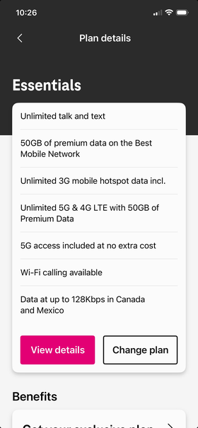 T-Mobile Essentials Plan 상세. 무제한 통화&middot;문자, 50GB 프리미엄 데이터, 3G 무제한 핫스팟, 5G 포함.