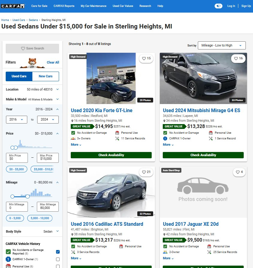 CarFax 중고차 검색 화면. Used Sedans Under $15,000 Sterling Heights MI 검색 결과.