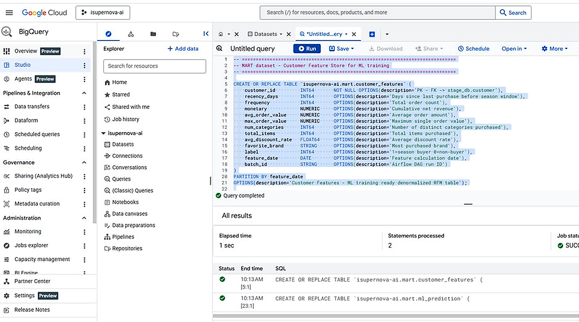 BigQuery mart customer_features