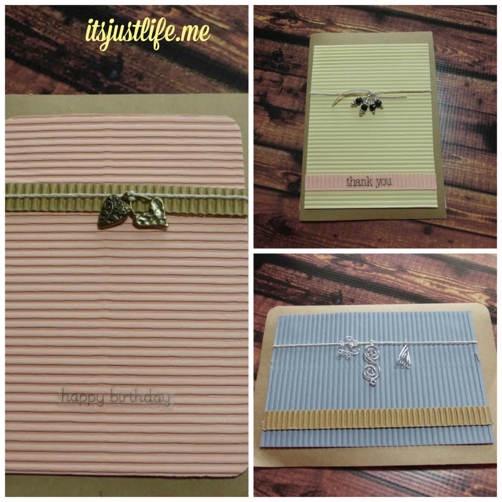 Using corrugated paper and charms on craft paper cards creates a unique look.