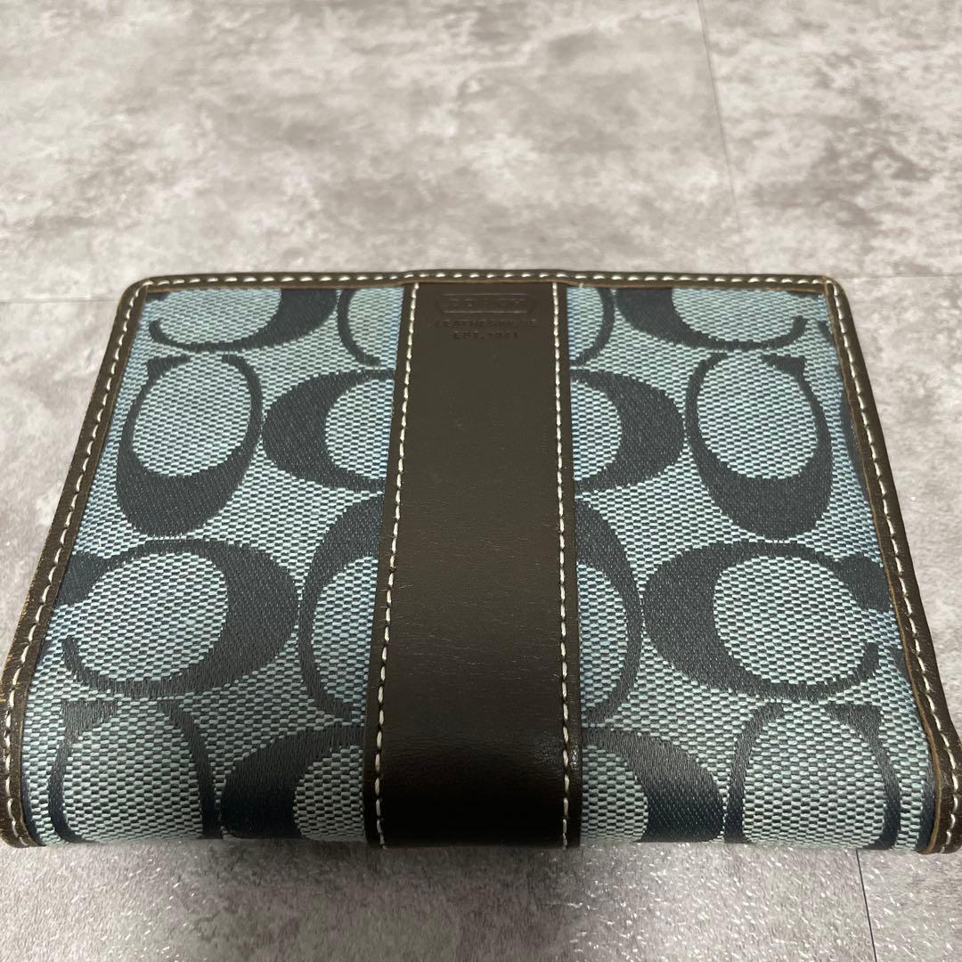 【良品】COACH 二つ折り財布 青/黒　シグネチャー
