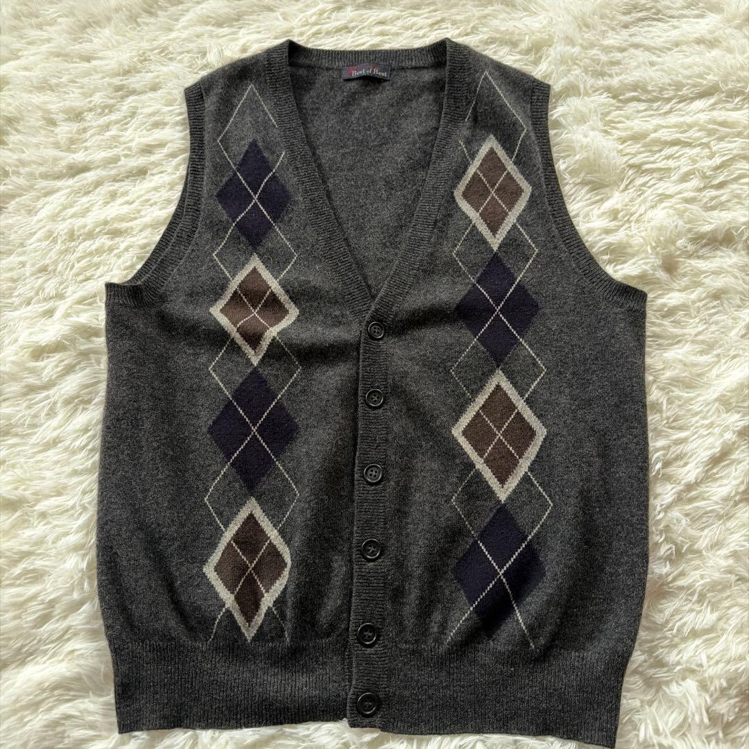 【美品】カシミヤ100% 前開き ニットベスト アーガイル柄 黒 L