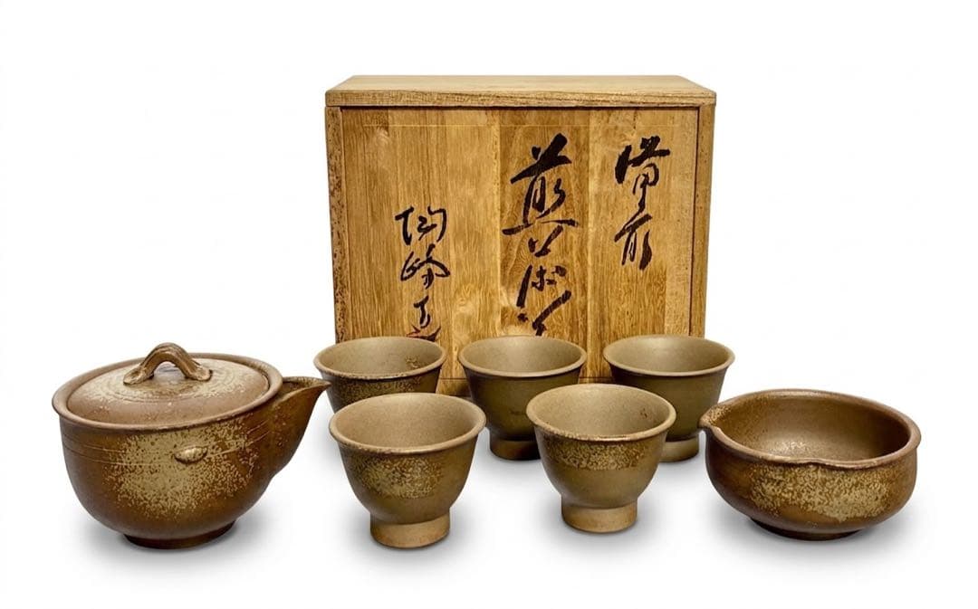 ⁠【共箱付】備前焼 陶峰窯 煎茶器揃 急須 湯呑5客 湯冷まし 茶器セット⁠