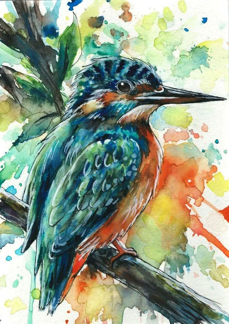 手描きイラスト　カワセミ　水彩画　絵画　翡翠　鳥　生き物