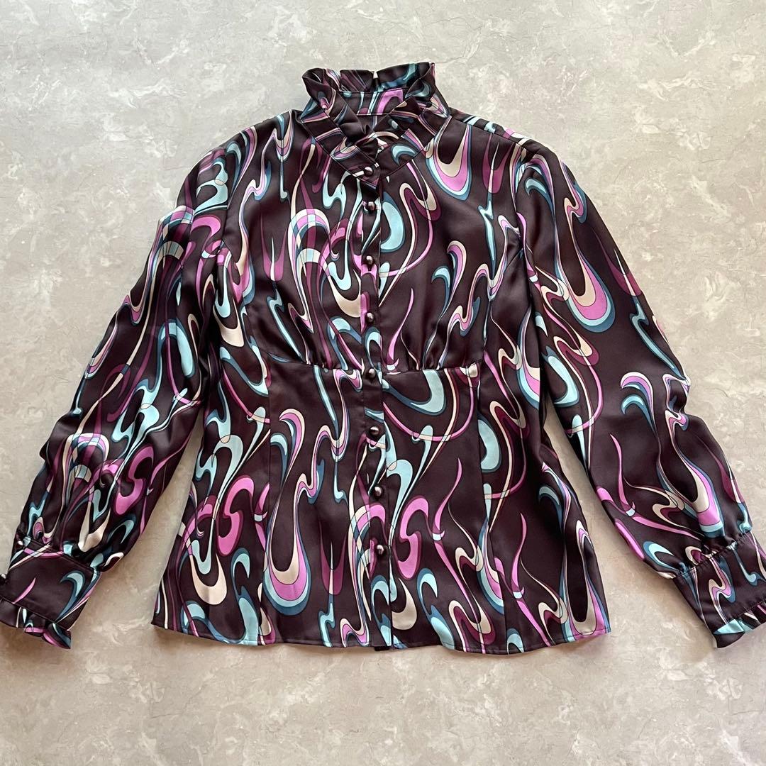 極美品☆ロシャス／シルク100% フリル襟ブラウス 9号 ブラウン マーブル柄