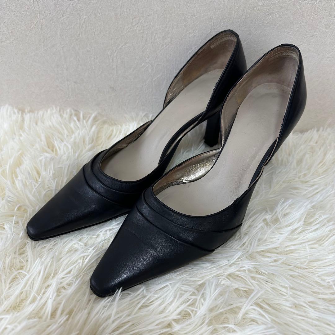 ブラック レザー パンプス 本革 ポインテッドトゥ ビジネス 冠婚葬祭