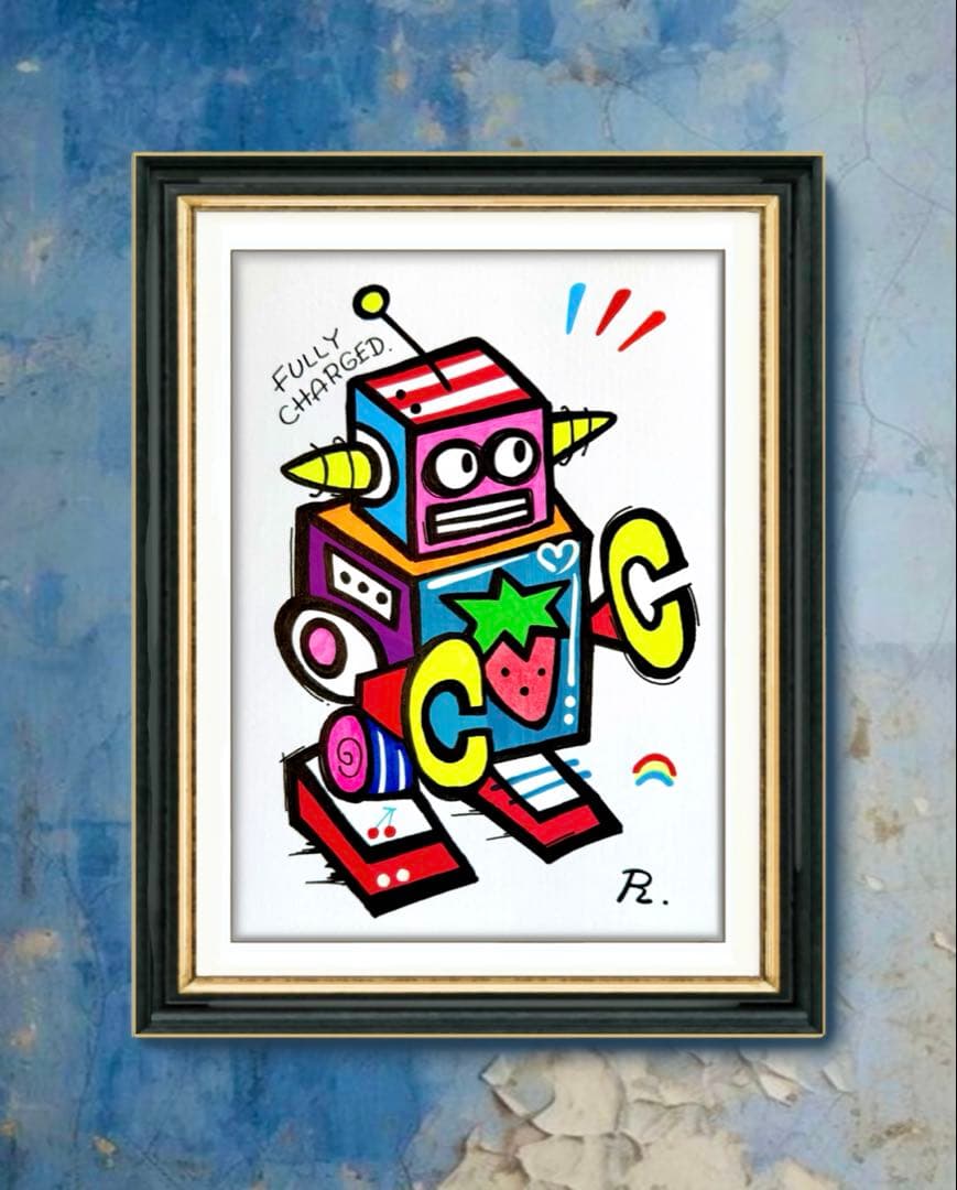原画 一点物 「happyロボット」 ポップアート カラフル 虹描きR