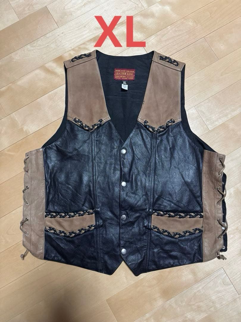 レザー ベスト 黒と茶色のコンビネーション XL