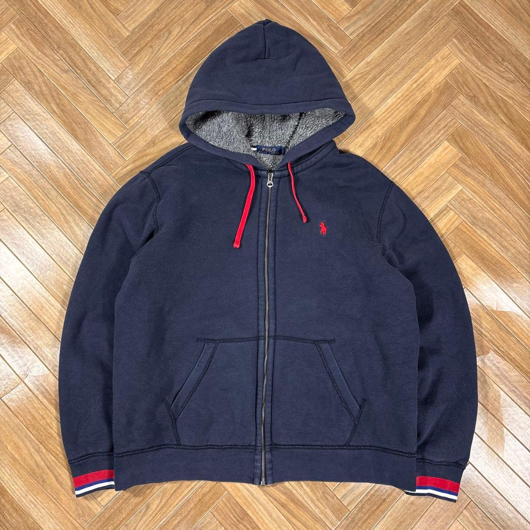 ポロラルフローレン ジップパーカー ネイビー ダブルフェイス 裏ボア フーディー