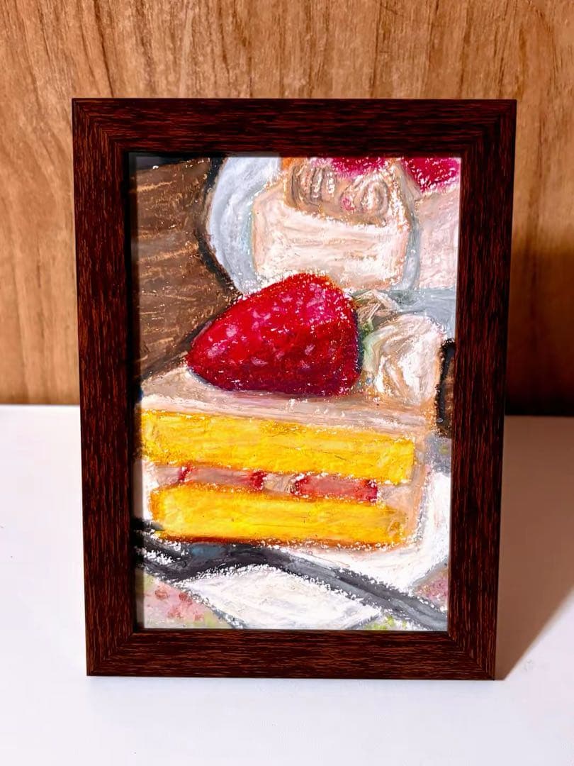 【手描き原画】クレパス画 『いちごのショートケーキ』 手描きイラスト 絵画
