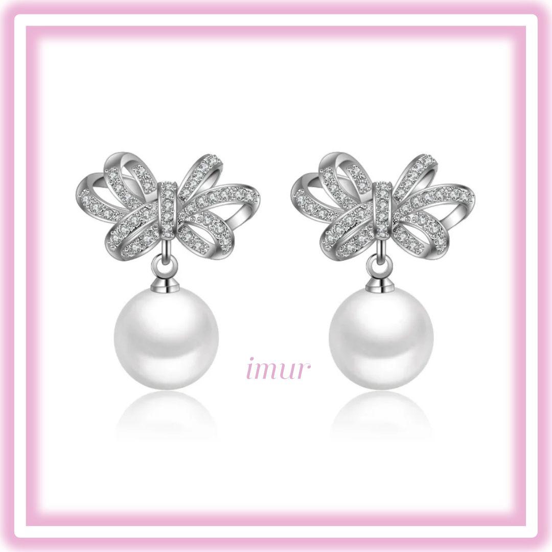 ピアスイヤリング/シルバー925 ジルコニア人工ダイヤリボンパール揺れる812