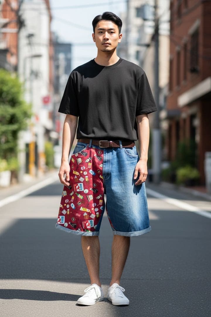 【1点物】RUSTLER リメイク デニムハーフパンツ 総柄パッチワーク W44