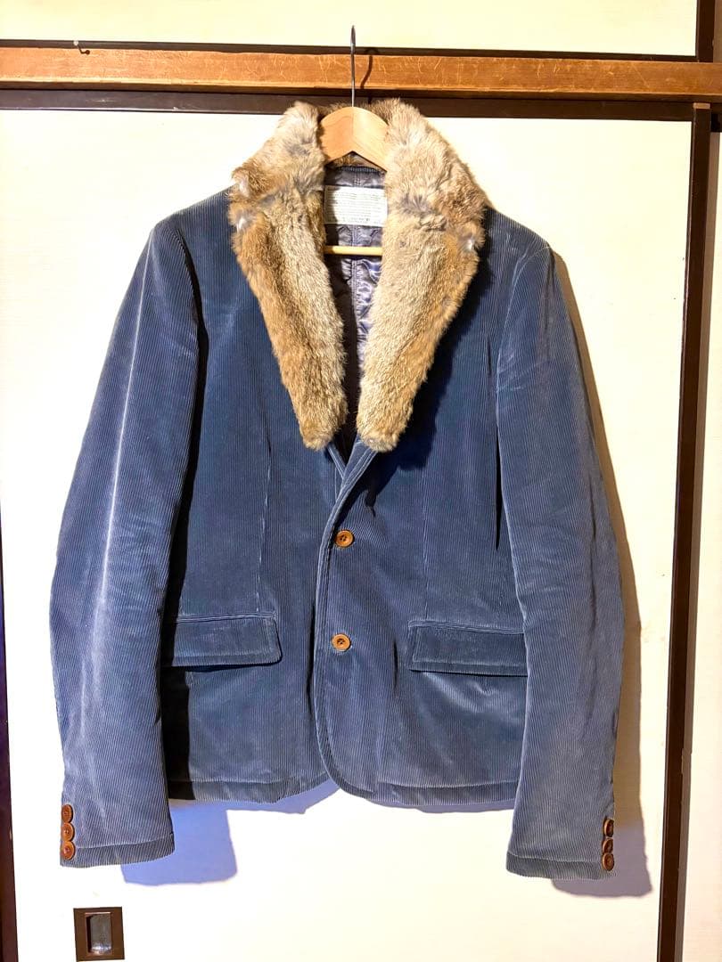 Kolor メンズ ブルーグレー コーデュロイテーラードジャケット ファー付き