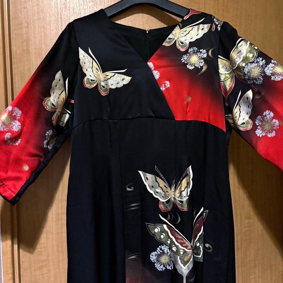 蝶々 黒赤グラデーション パーティードレス 着物リメイク カラオケ