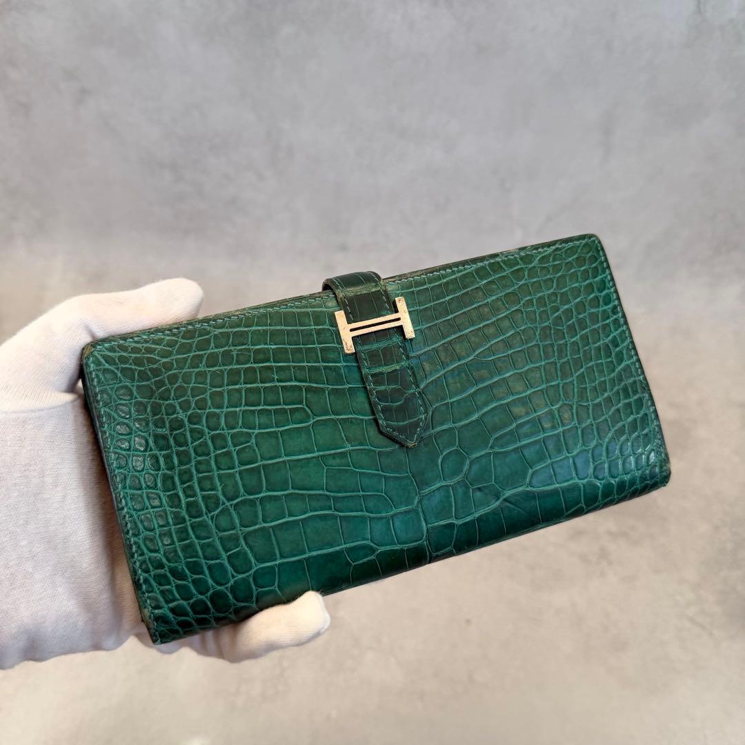 エルメス ベアン　アリゲーター グリーン　長財布　クロコ
