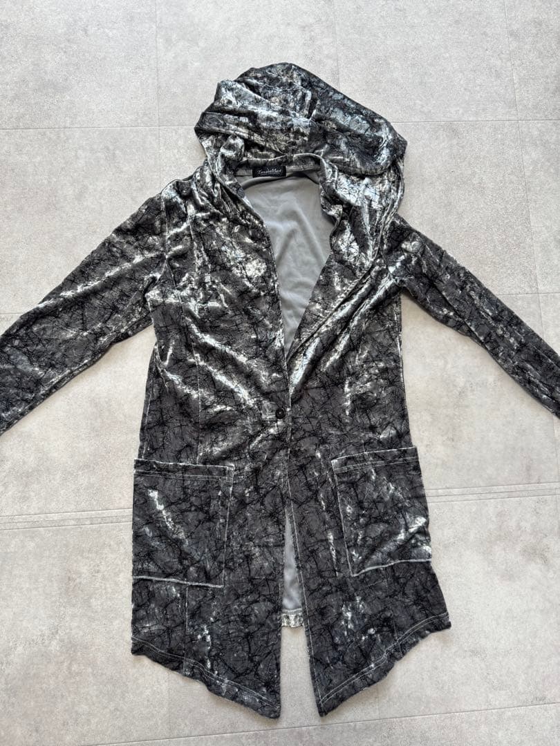 試着のみ TORNADO MART ベロアクラックフォイルフーデッドカーディガン