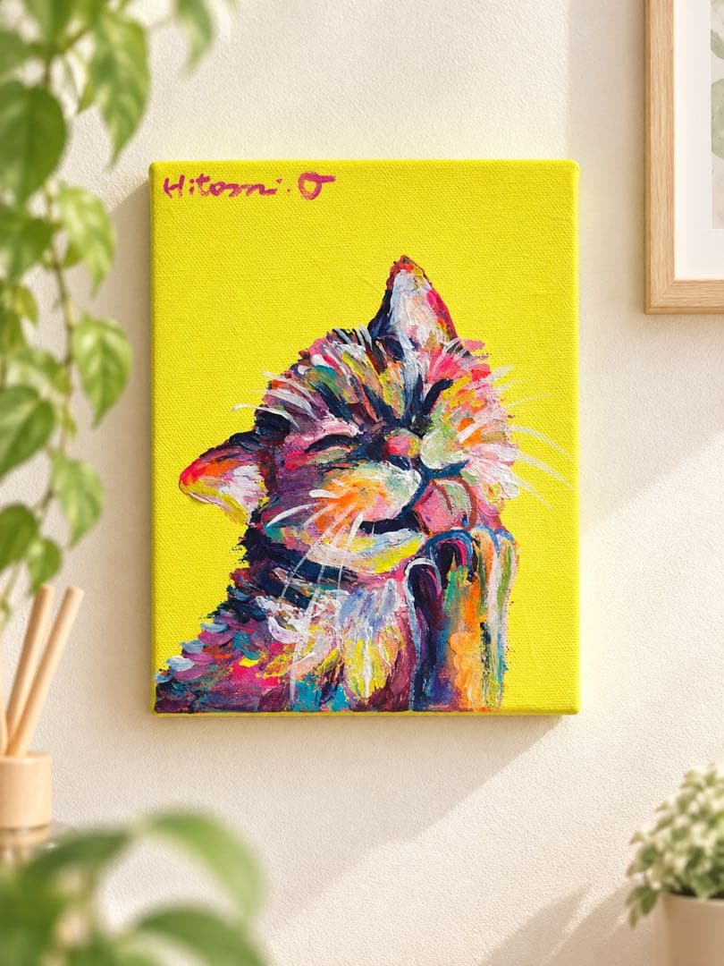 カラフルな猫の原画　F0号キャンバス　絵画　現代アート　一点もの　アクリル画