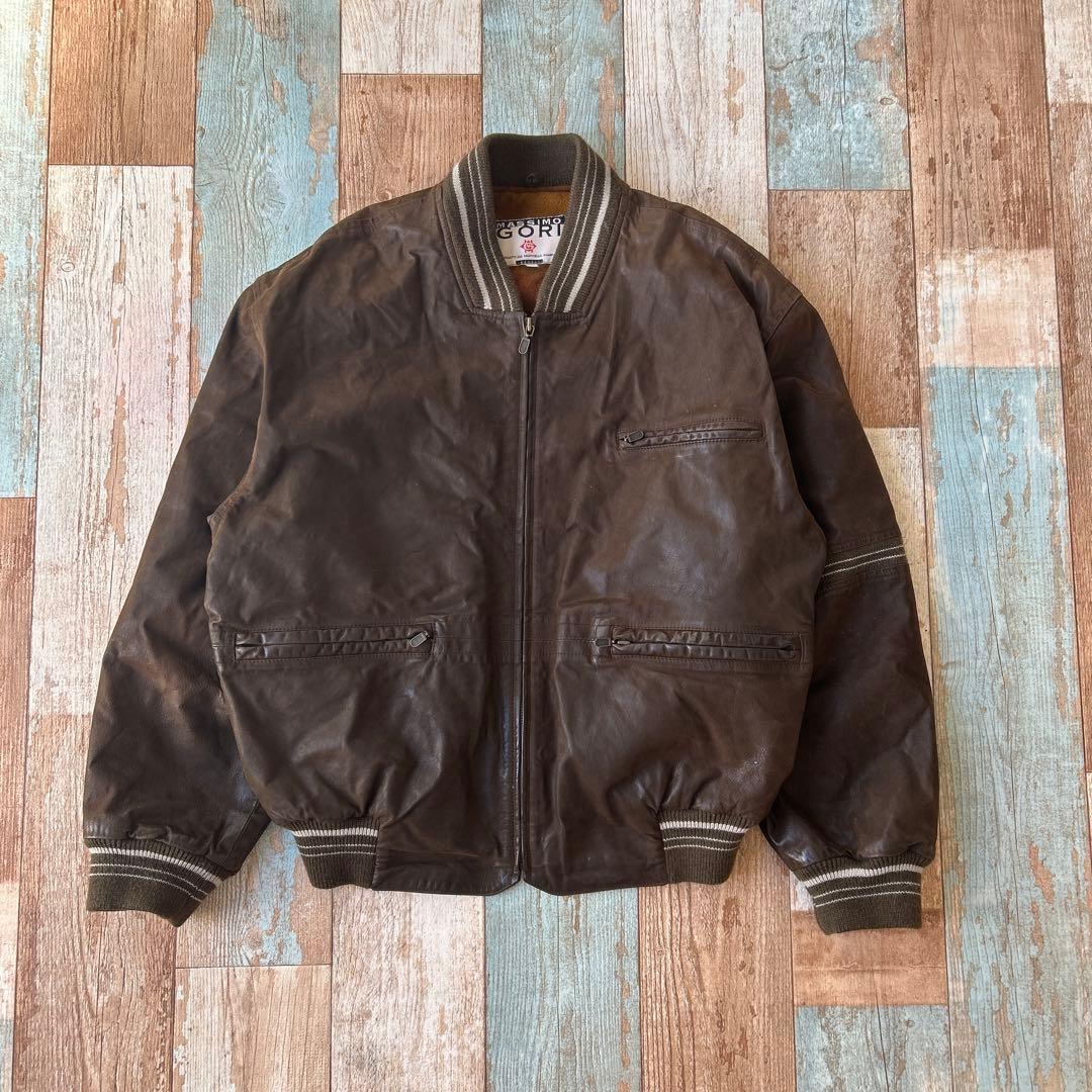 レザージャケット ラムレザー ブルゾン vintage 短丈 古着 ブラウン