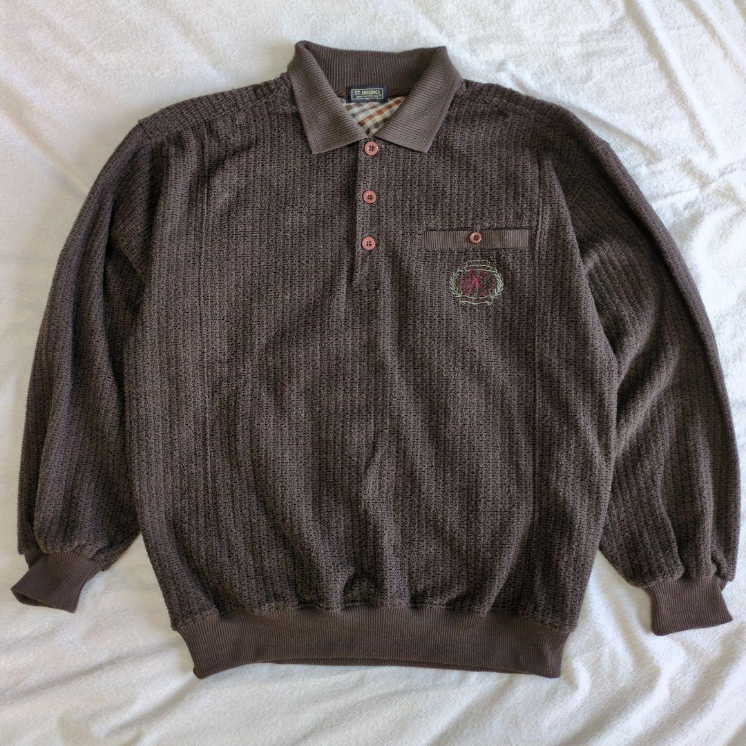 vintage ポロシャツ 刺繍ロゴ ハーフボタン 茶 M レトロ カジュアル
