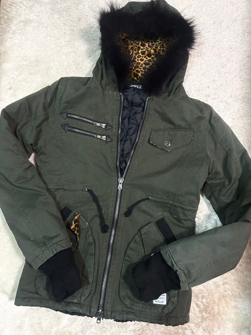 CovariAオリーブミリタリージャケットヒョウ柄ファー付き取り外し可　44