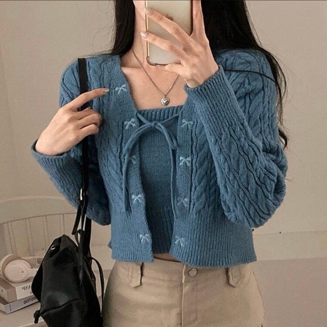 リボン刺繍ケーブルニットキャミソールカーディガンセット SONA