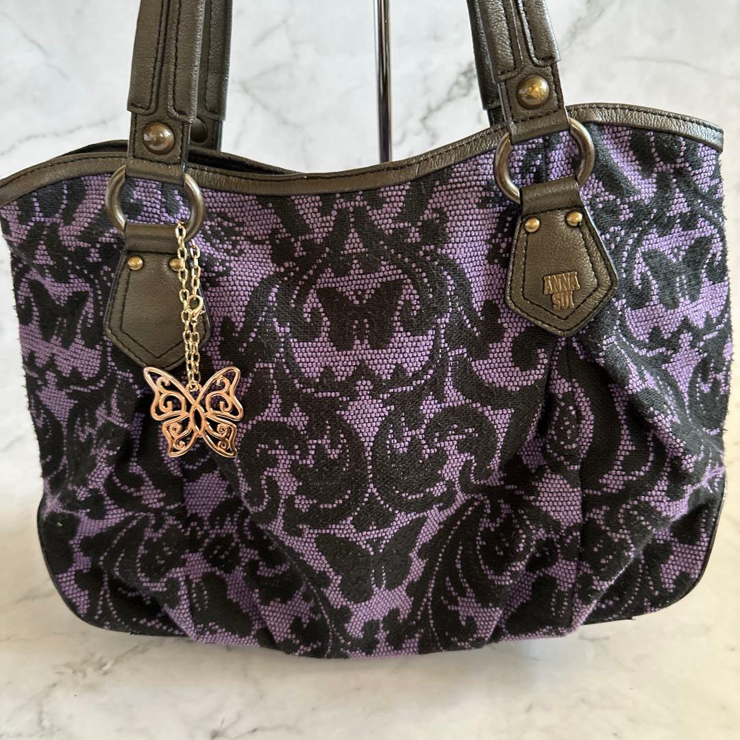 アナスイ　トートバッグ　パープル系　総柄　チャーム付き