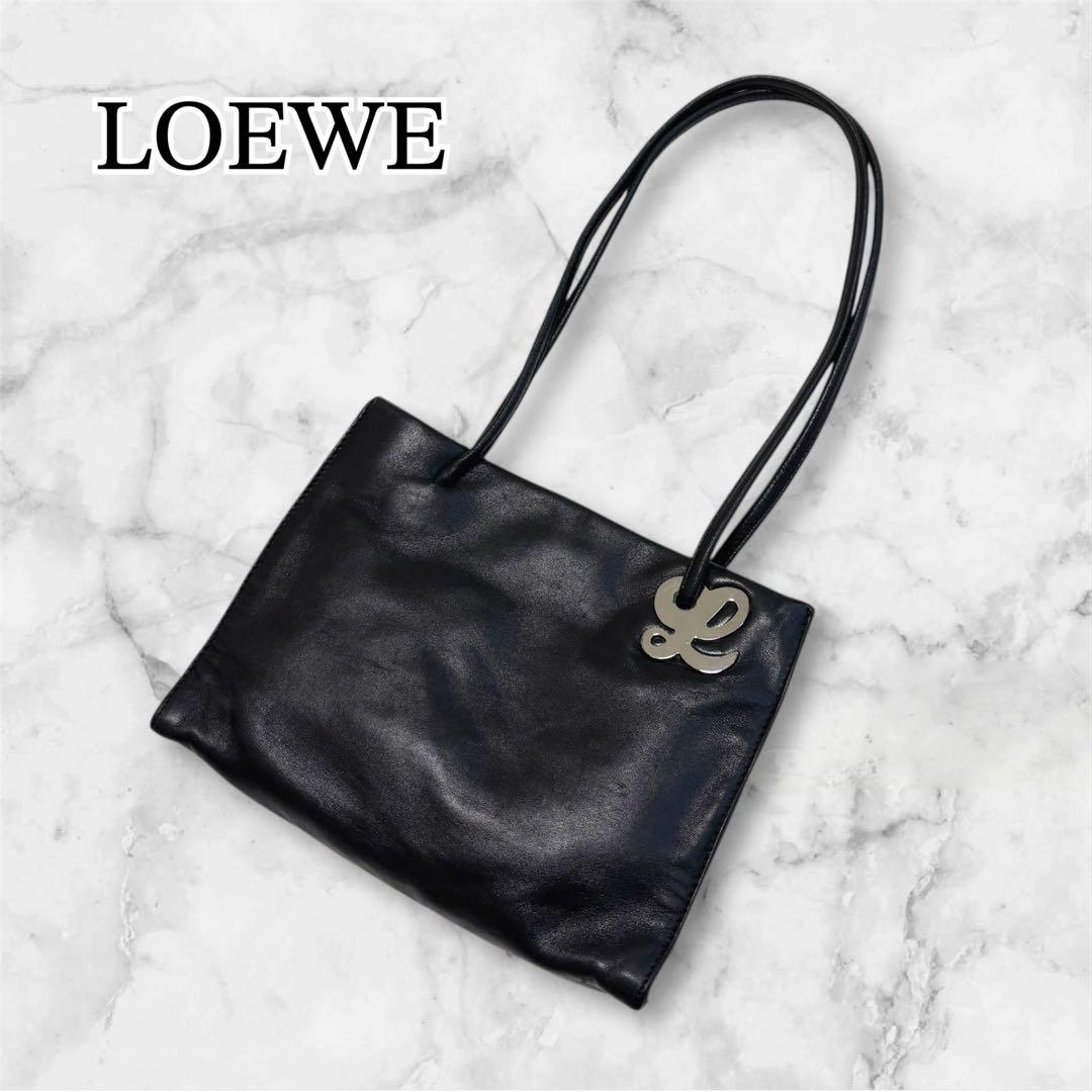 LOEWE　ロエベ　希少　ラムレザー　ロゴ金具　ショルダー　トートバッグ　黒