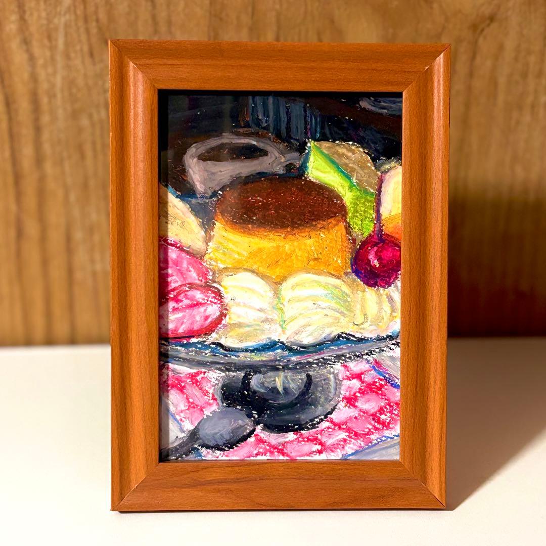 手描き プリンアラモード 原画 クレパス画 一点物 アート 額縁付き｜限定セール
