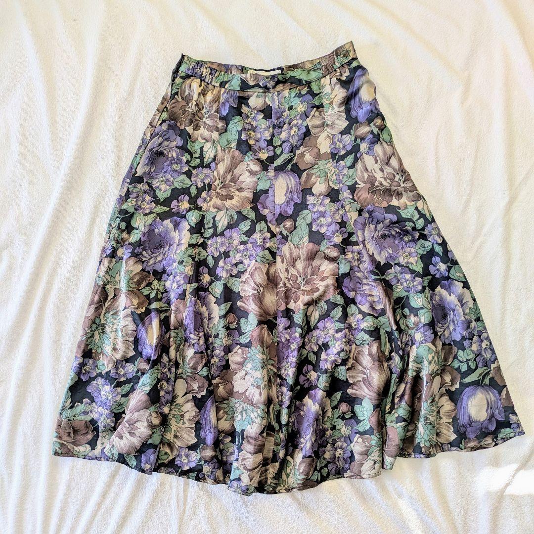 レディース 花柄 フレアスカート【大きめ】黒ベース 13号 vintage