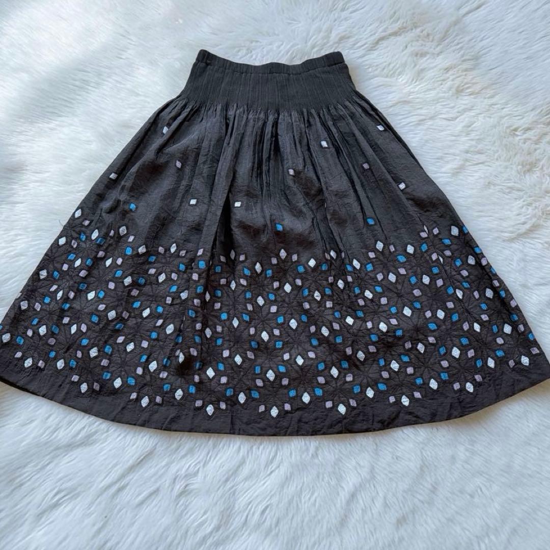 【美品】レトロ　刺繍入り フレアロングスカート ダークブラウン