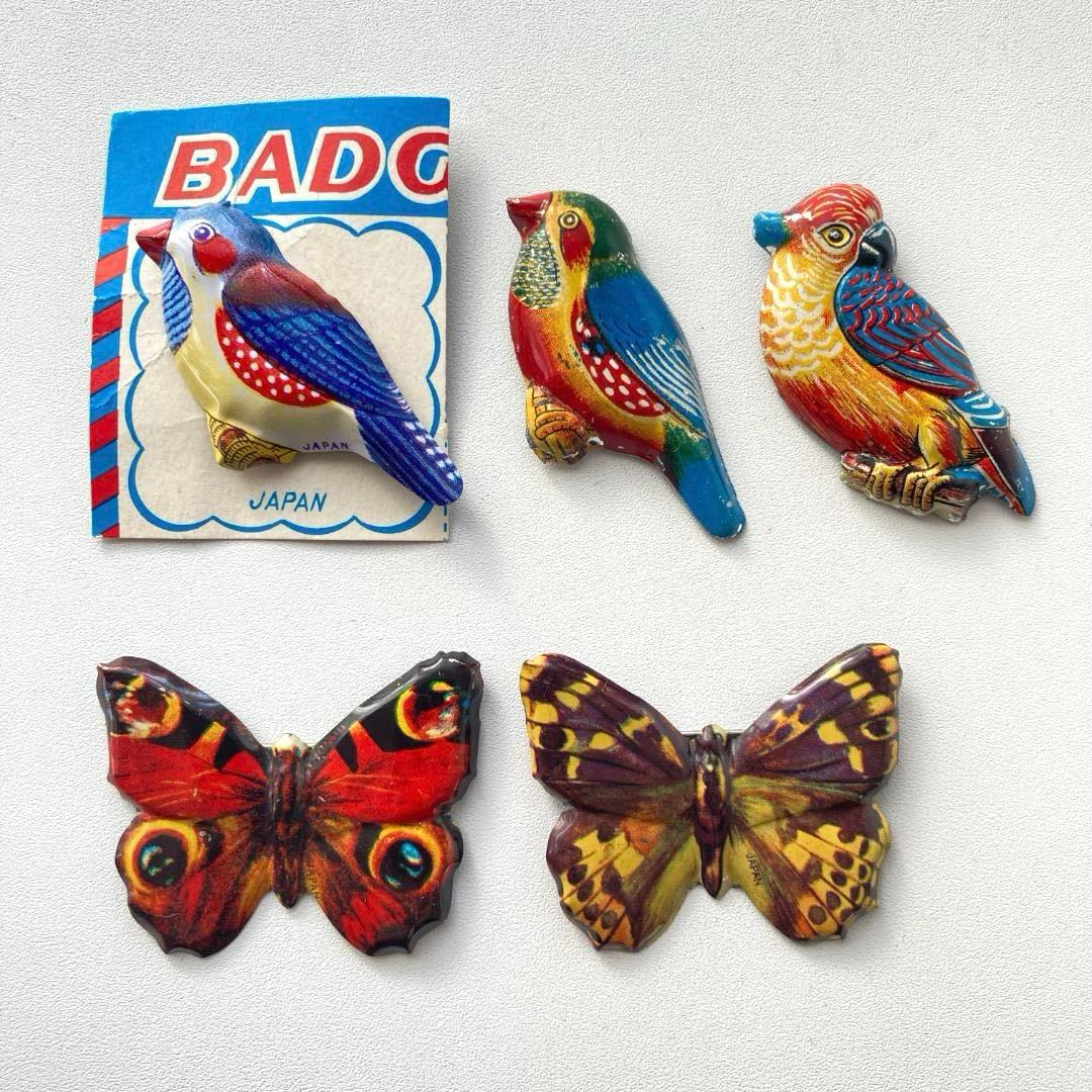 ブリキ 鳥 蝶 バッジ ブローチ 5個 セット 昭和レトロ ビンテージ 昭和