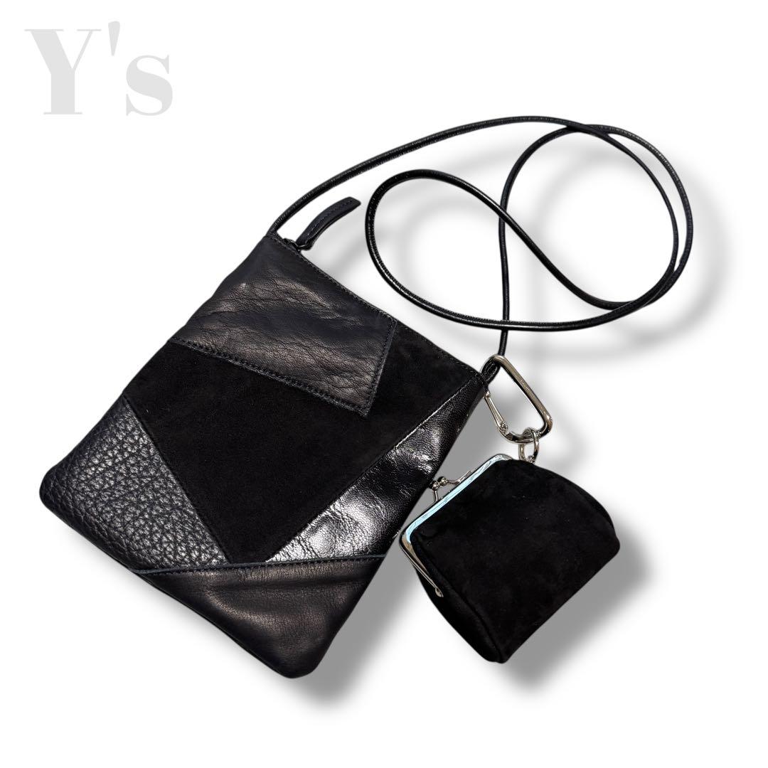 Y's ワイズ ショルダーバッグ がま口 レザーポーチ ミニバッグ 黒 ブラック