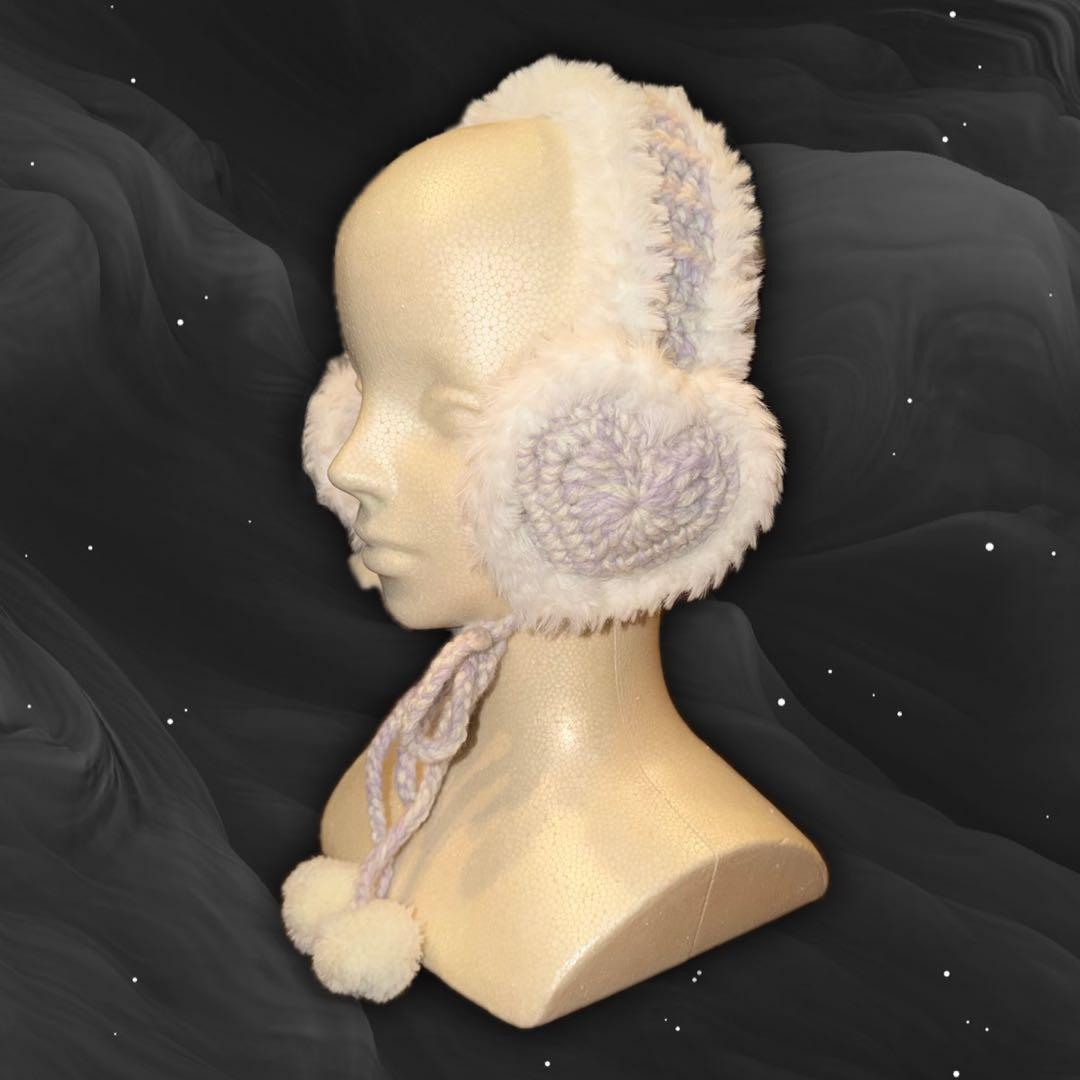 イヤーマフ ハンドメイド ハート 紫 ピンク 白 耳あて 毛糸 編み物