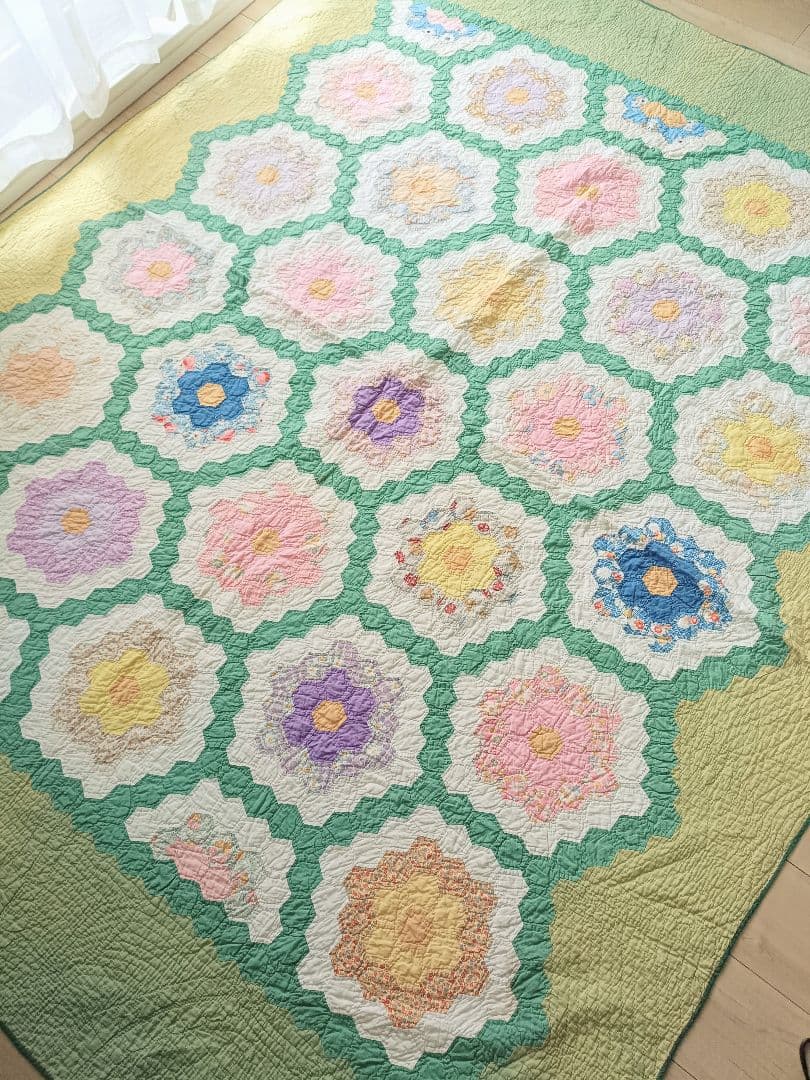 大判 ヴィンテージ パッチワークキルト ラグ マルチカバー 花柄 グリーン