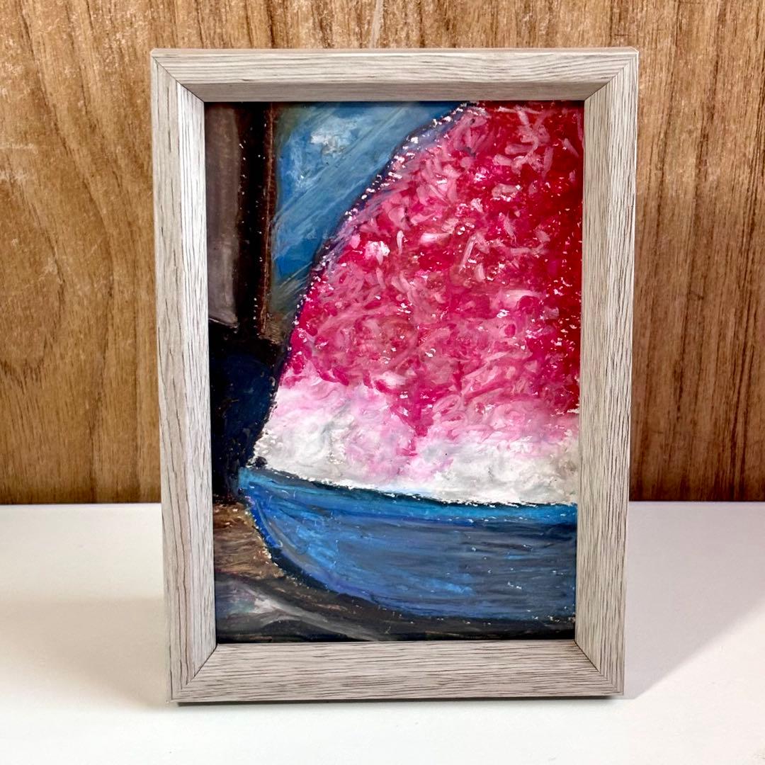 手描き かき氷 原画 クレパス画 静物画 アート 一点物 絵画 額縁付き