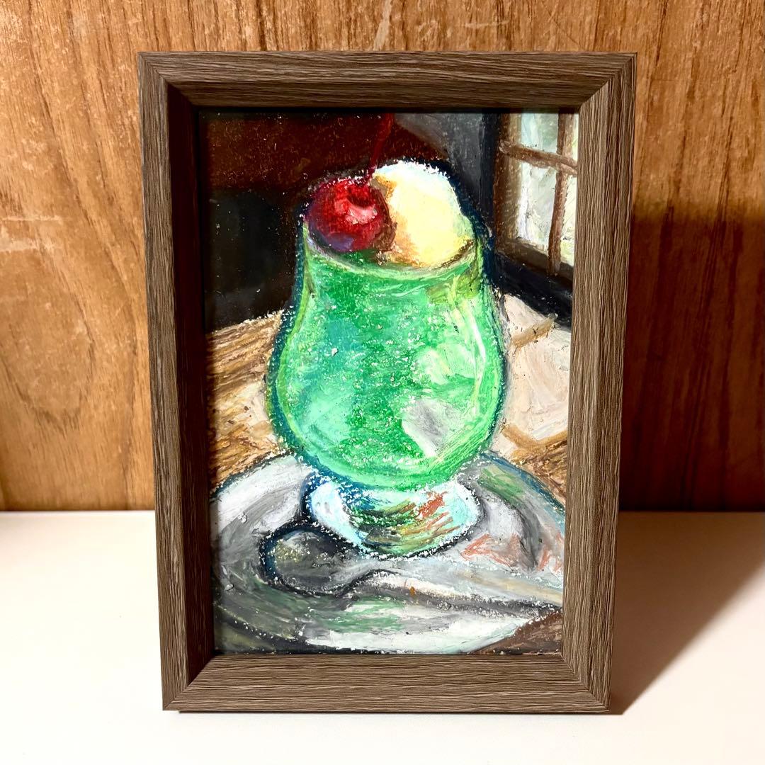 【手描き原画】クレパス画 『窓辺のクリームソーダ』 イラスト 絵画 額縁付き