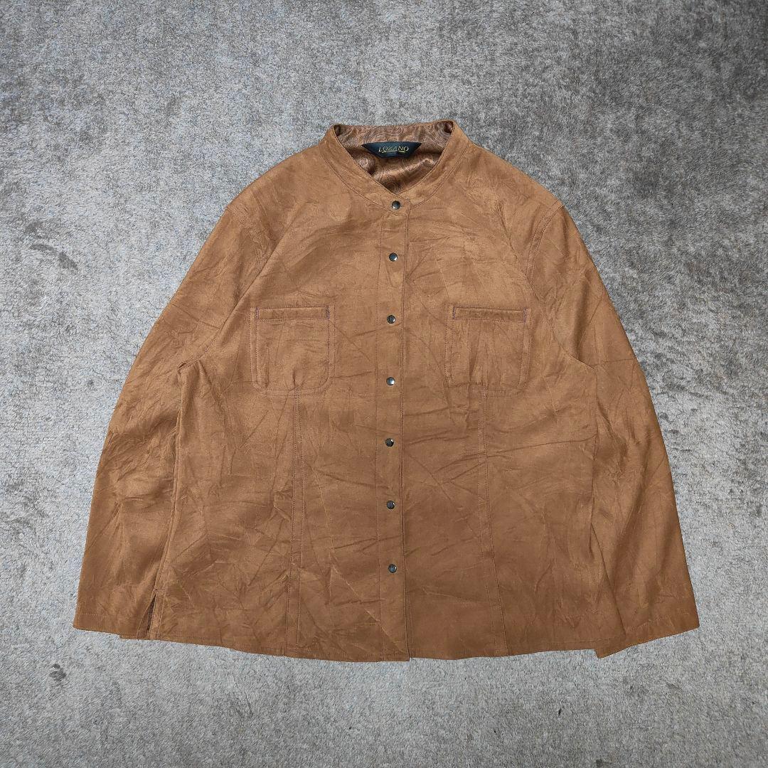 スエード調 ノーカラージャケット ブラウン ペイズリー裏地 M レディース 短丈