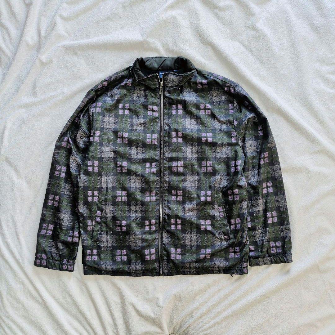 【春アウター】HUNSEN チェック柄 ジャケット 紺 紫 M レトロ