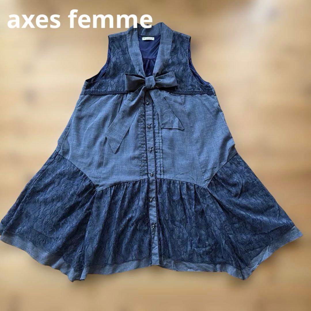 axes femme ボウタイ付きレース切替ノースリーブチュニック